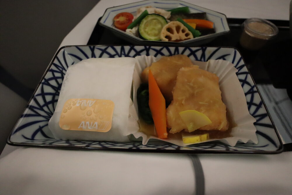 ANA 787 business class – Deep fried sea bream with rice