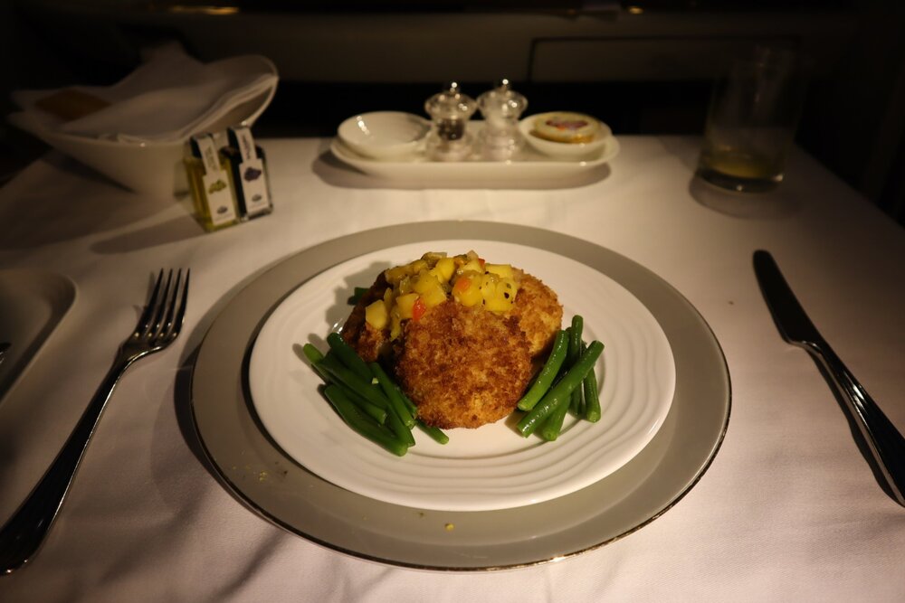 Emirates A380 First Class – Fish cakes with mango chutney