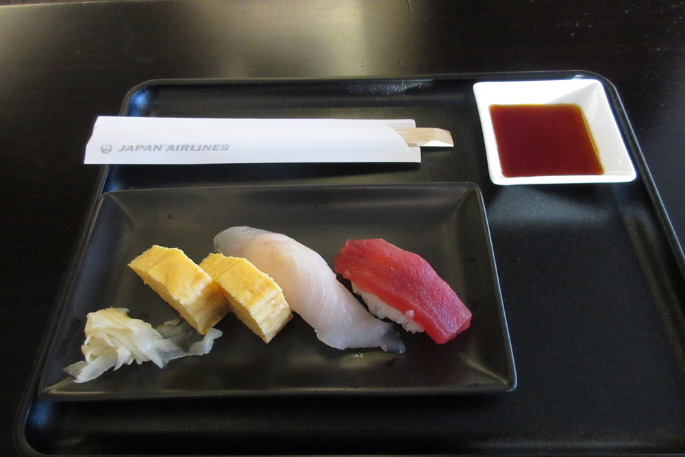 Japan Airlines First Class Lounge Tokyo Narita – Egg, flounder, maguro