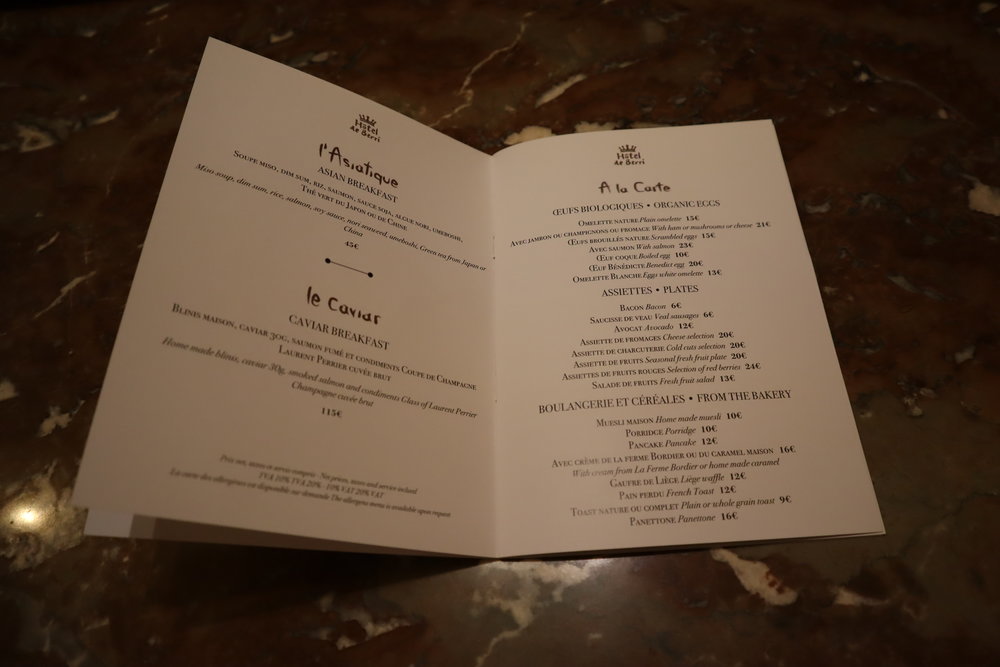 Hôtel de Berri Paris – Breakfast menu