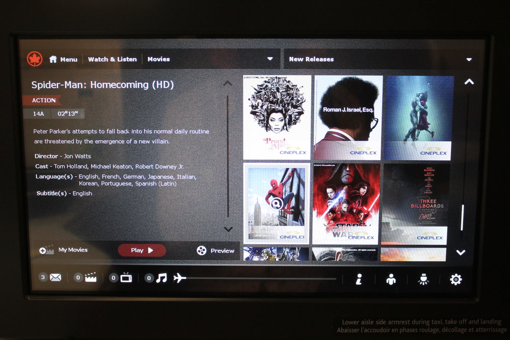 Air Canada business class – Movie selection