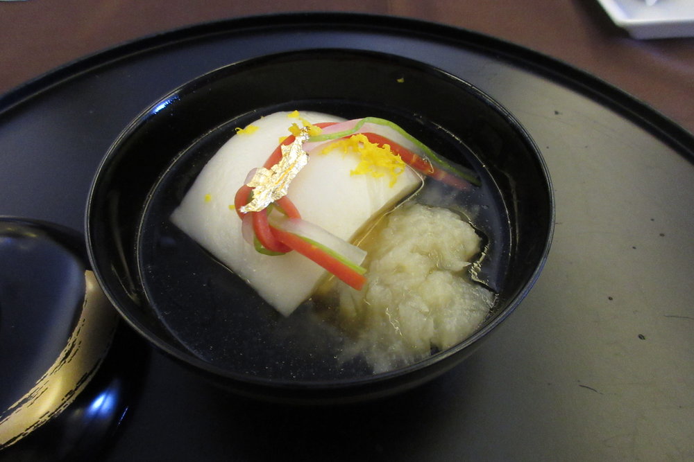 Japan Airlines First Class – Japanese soup with steamed prawn cake and grated turnip