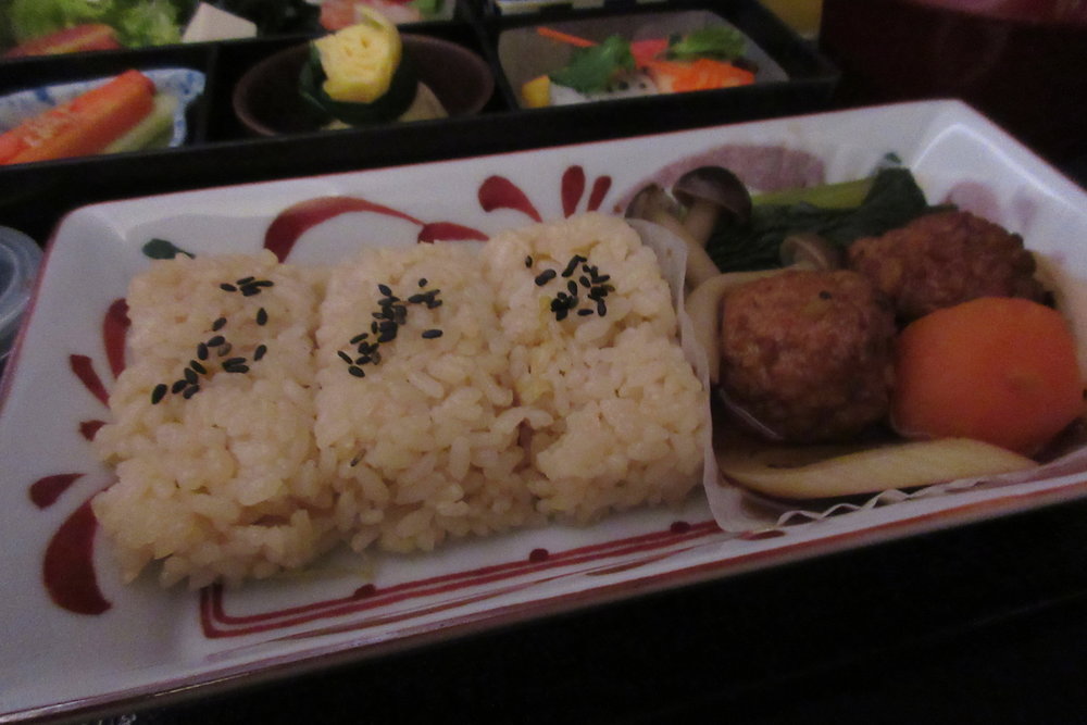 Japan Airlines business class – Chicken meatball teriyaki with rice