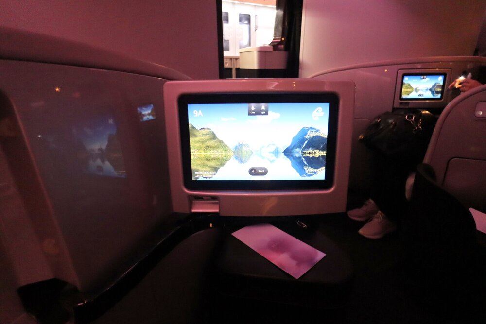 Air New Zealand business class – Entertainment screen, folded out