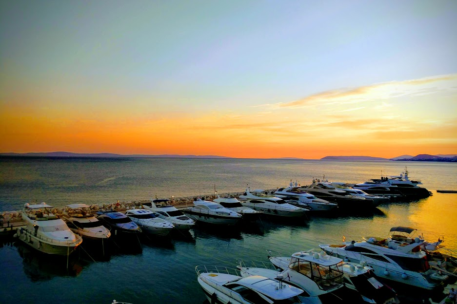 View of a sunset over the yacht club at Le Méridien Lav, Split, Croatia, June 2018.