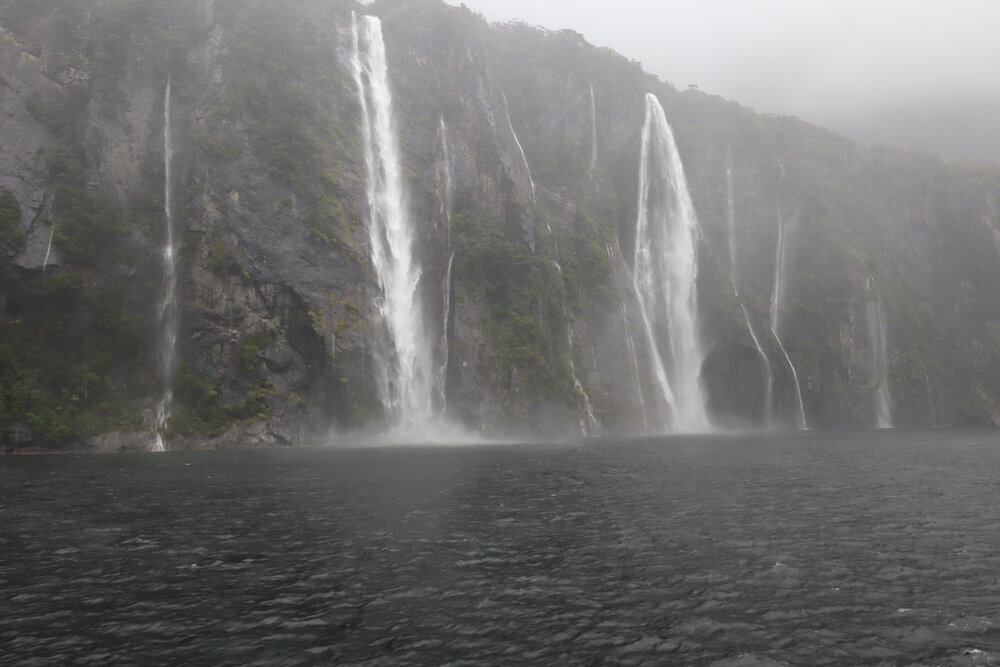 View of Milford Sound waterfalls