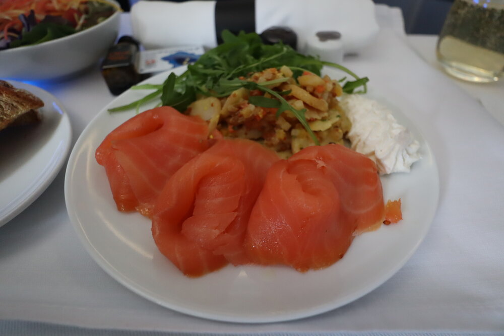 Air Canada A330 business class – Smoked salmon and potato salad