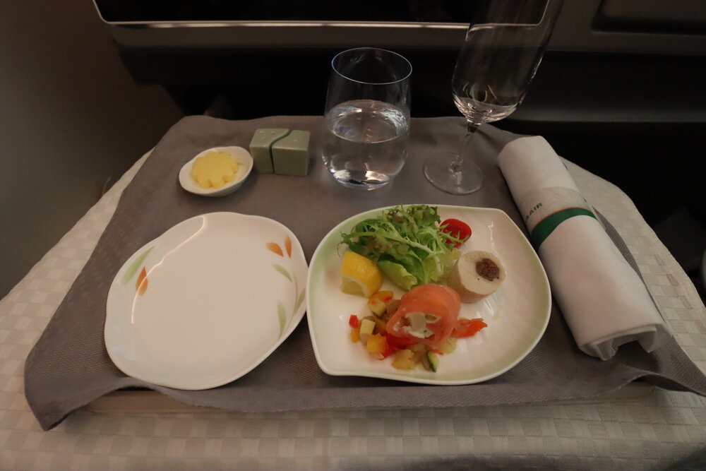 EVA Air 787 business class – Smoked salmon and potato salad