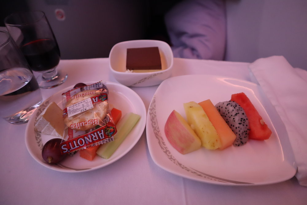 Air China business class – Dessert, cheese, and fruit