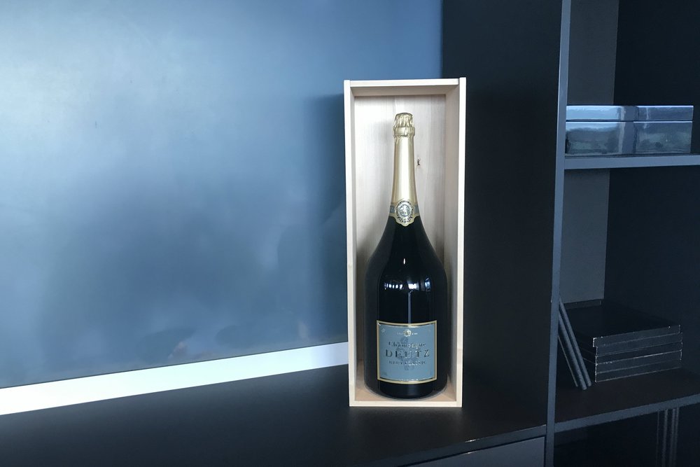 Swiss First Class Lounge Zurich – Giant bottle of Deutz champagne