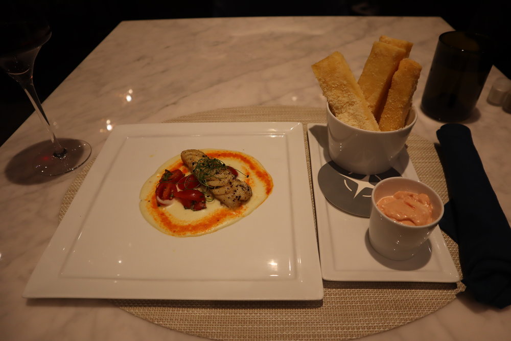 United Polaris Lounge Newark – Polenta fries and seared cod