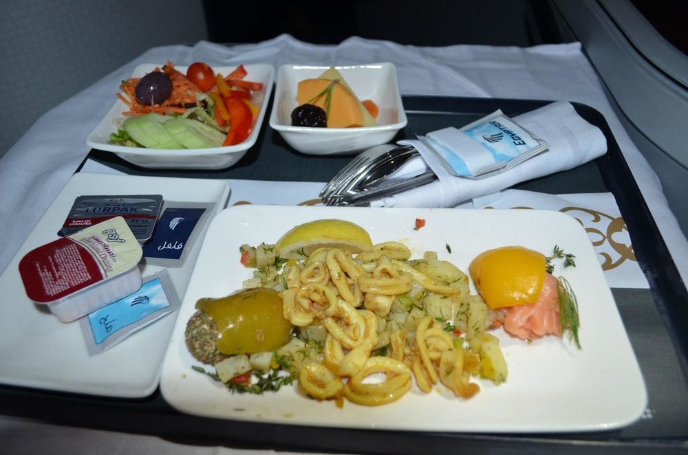 EgyptAir 787 business class – Calamari, smoked salmon, and potato salad with dill