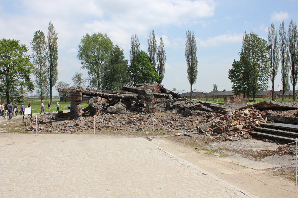 The ruins of Krema II – together with Krema III, this was the largest and deadliest gas chamber at Auschwitz–Birkenau, the site where over 500,000 Jews were gassed to death. Most victims would have walked from the platform where they got off the train directly to these gas chambers.