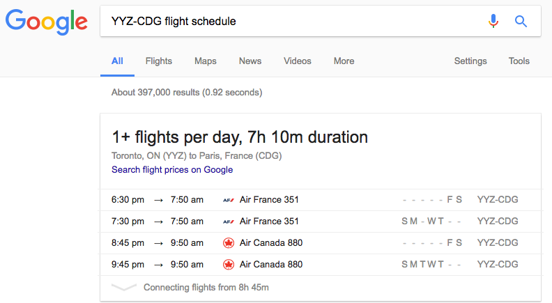 Google Flight Schedule Search Toronto to Paris | Prince of Travel | Miles &amp; Points