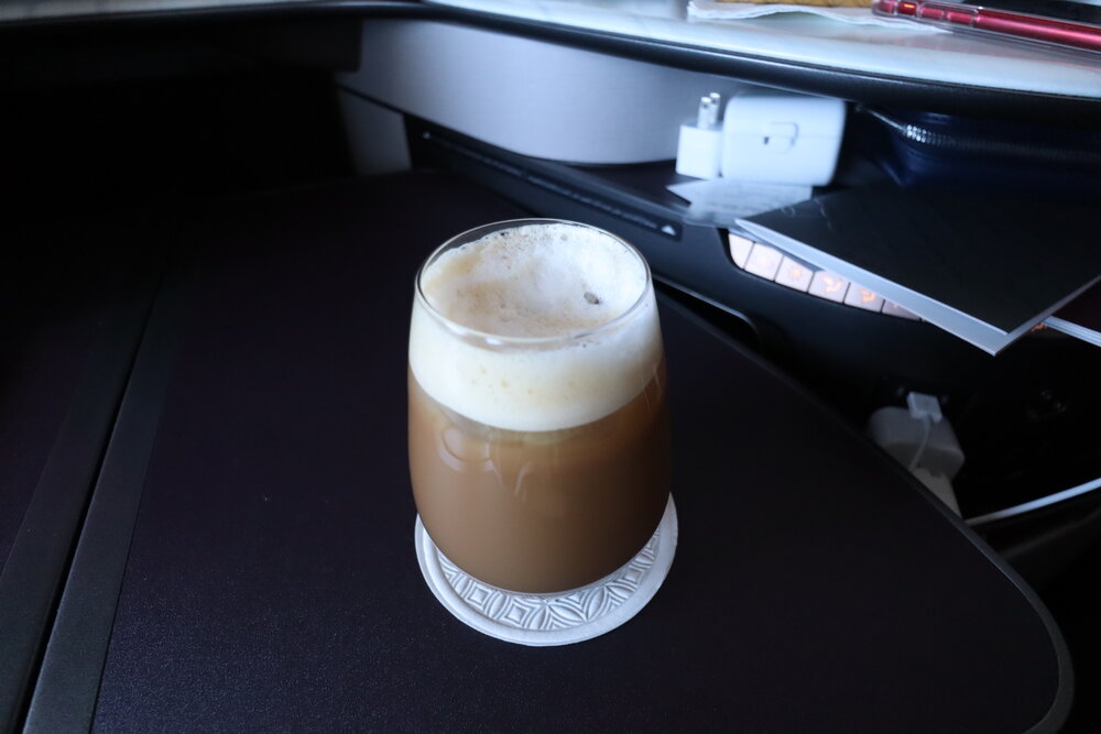 Qatar Airways 777 Qsuites business class – Iced cappuccino