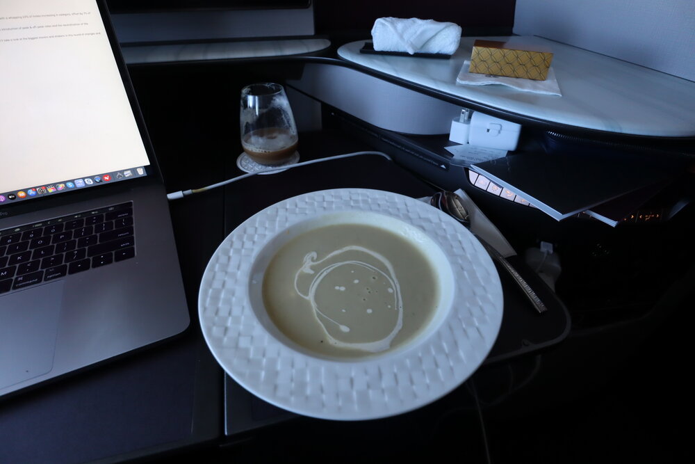 Qatar Airways 777 Qsuites business class – Cream of cauliflower soup