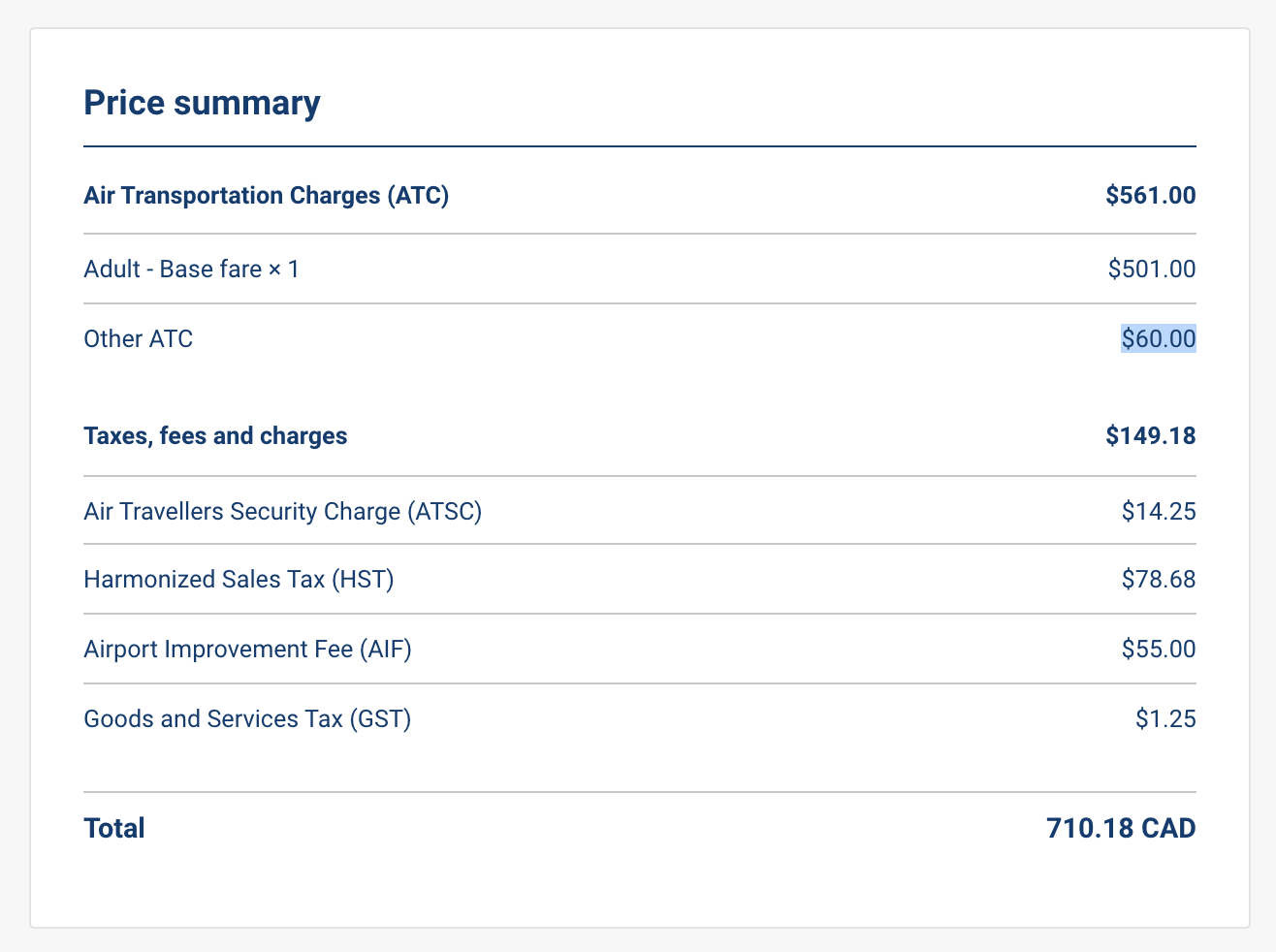 westjet pricing summary at online checkout