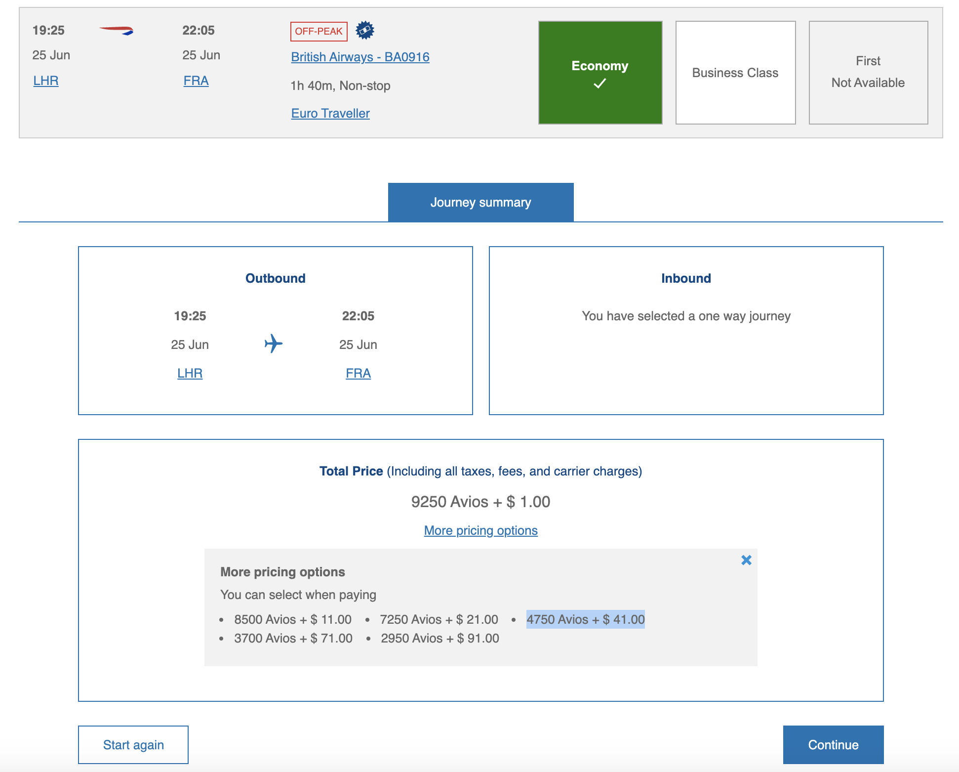 example of checking out with economy class flying