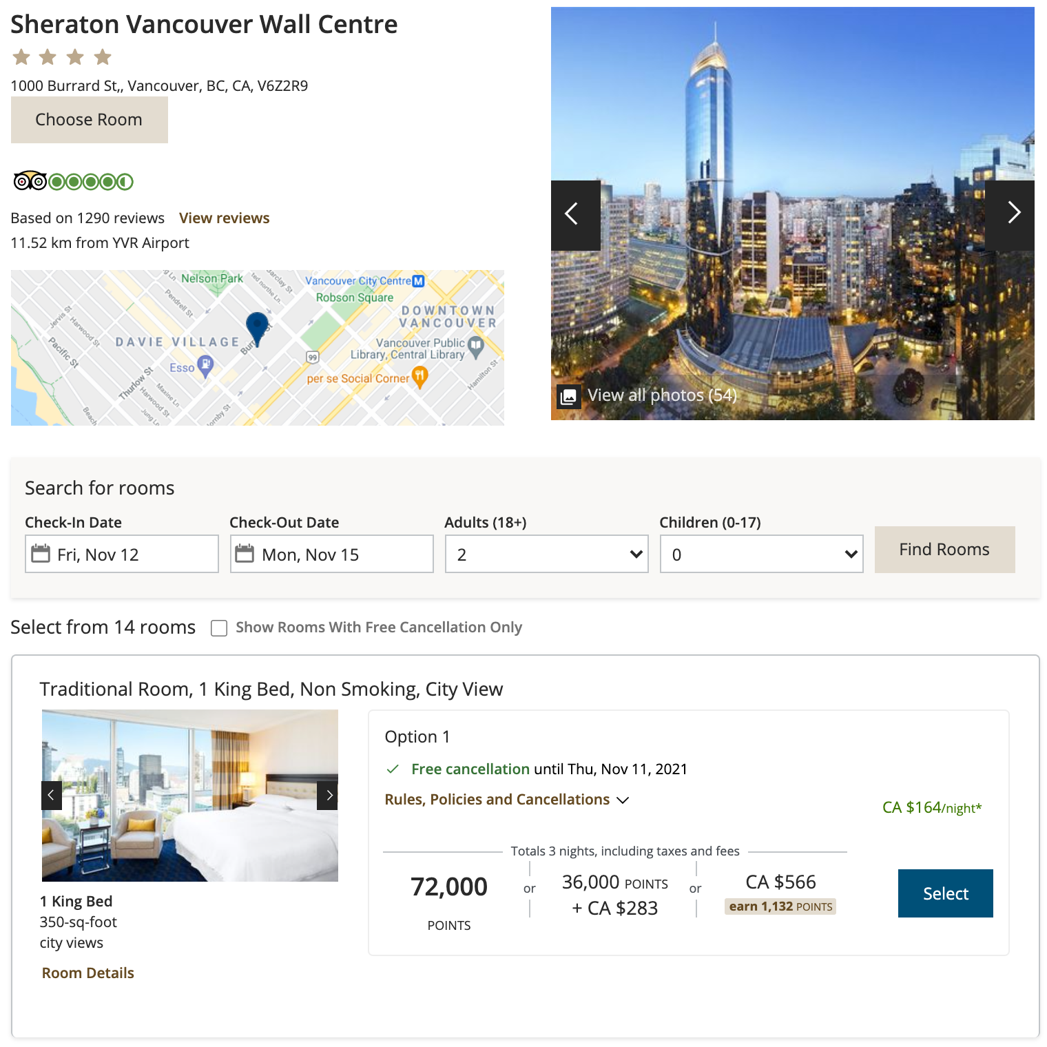 Sheraton hotel of Vancouver BC, CA - Trip Advisor screenshot