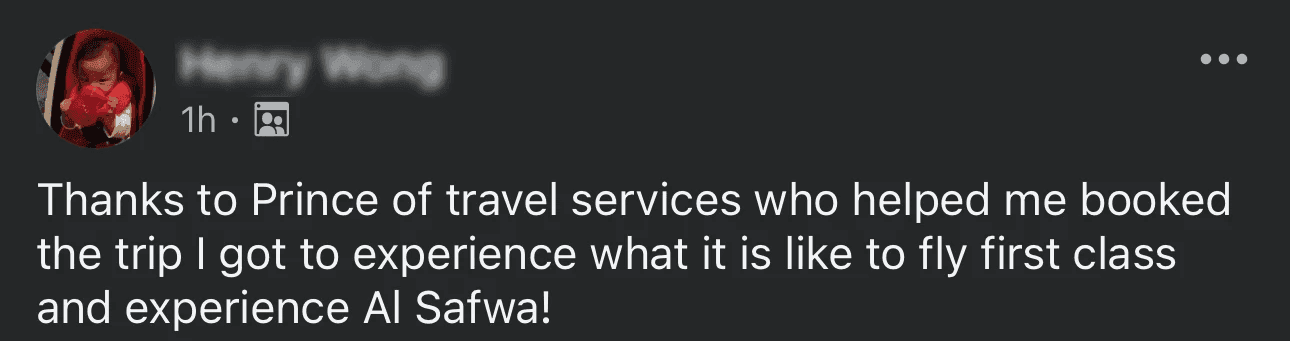 Member thanking Prince of Travel for first class experience