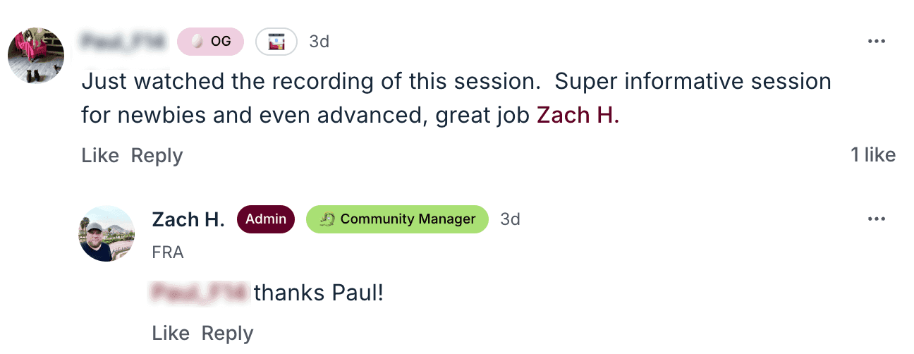 Member praising a live session recording