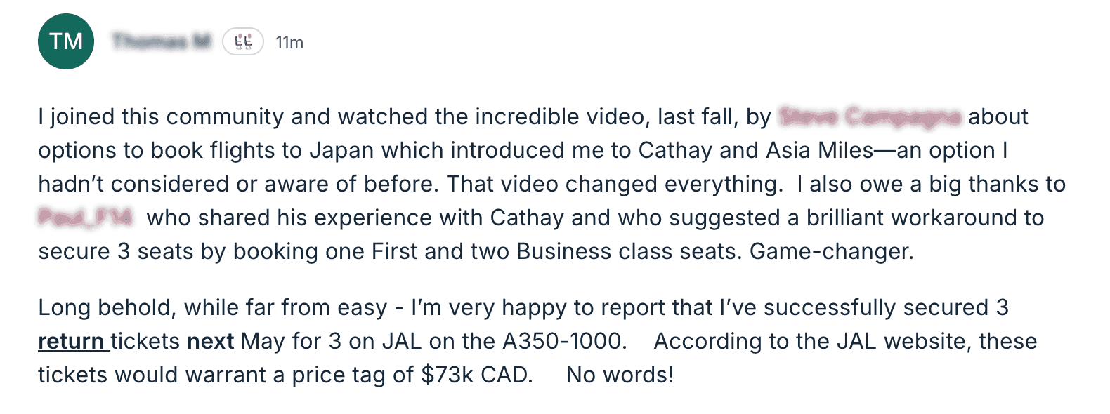 Member sharing how they booked 3 JAL business class tickets worth $73k