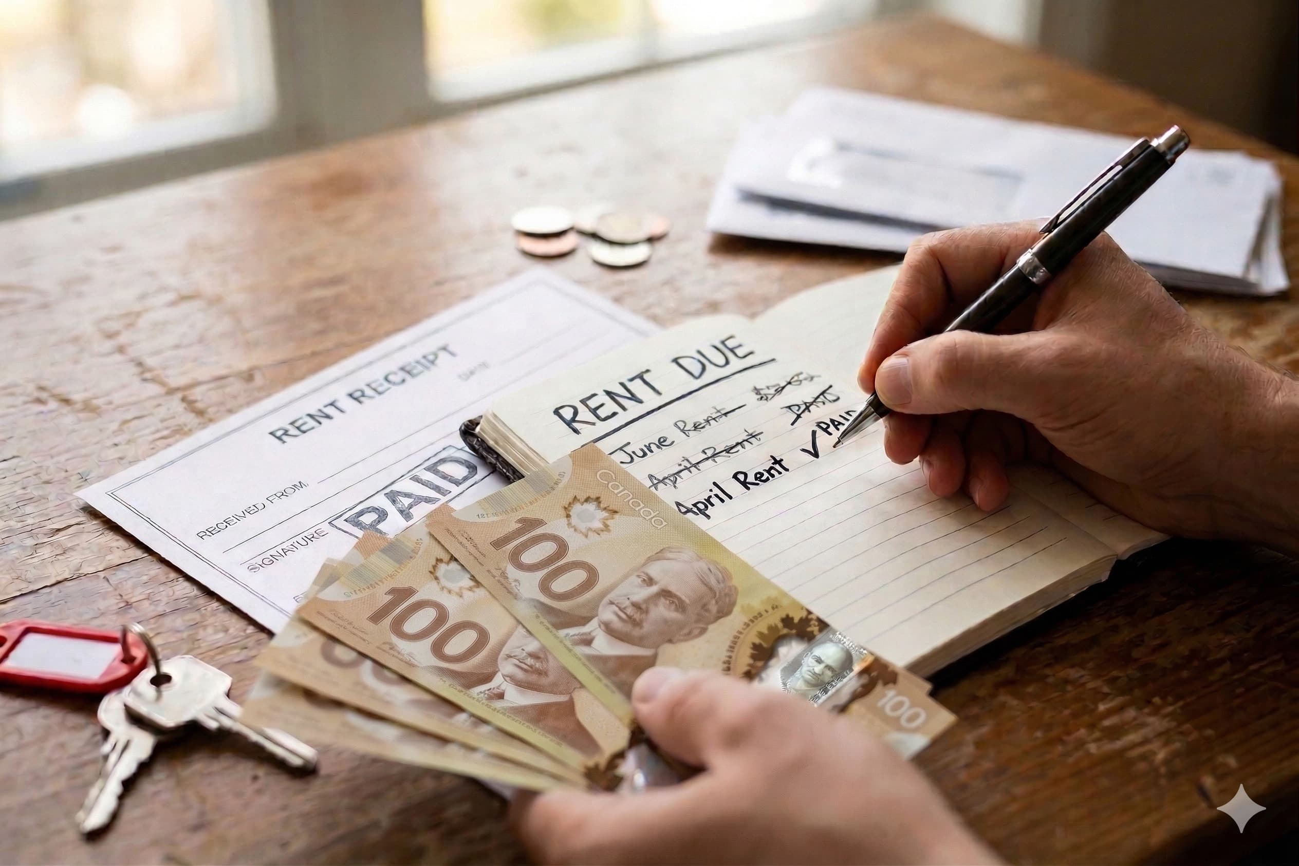 Rent due notepad with Canadian cash and apartment keys