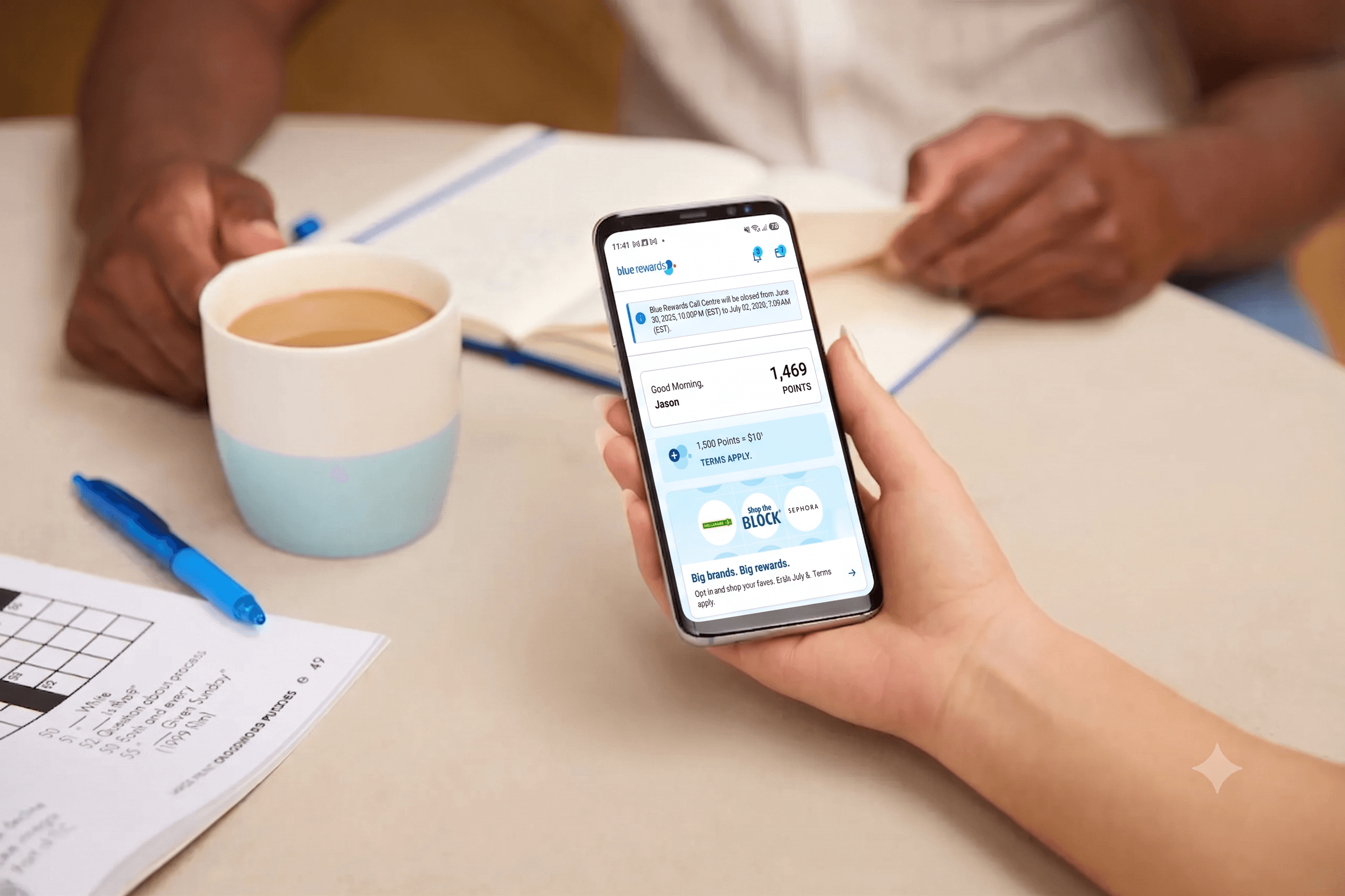 Blue Rewards app showing points balance and offers