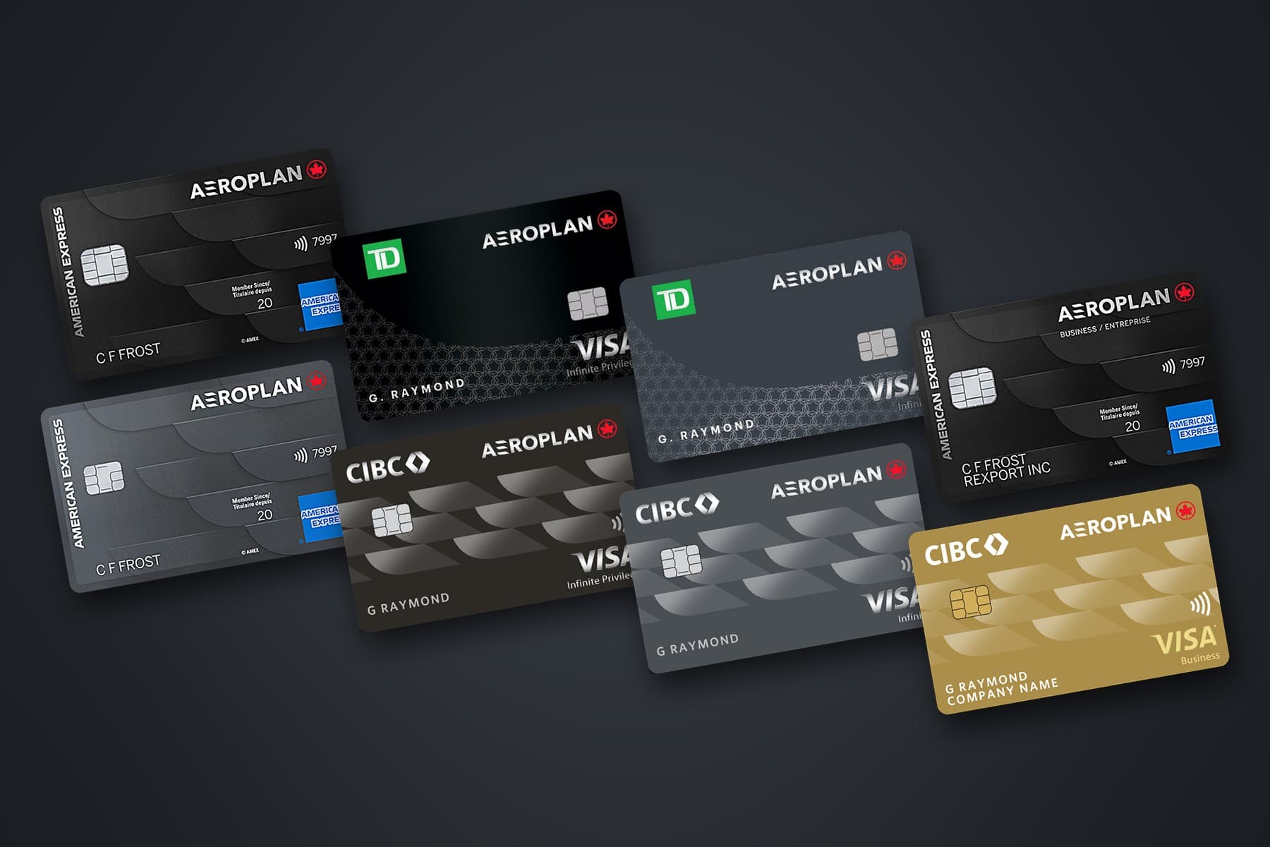 The Canadian Aeroplan credit card lineup from American Express, TD, and CIBC, including premium, core, and business cards
