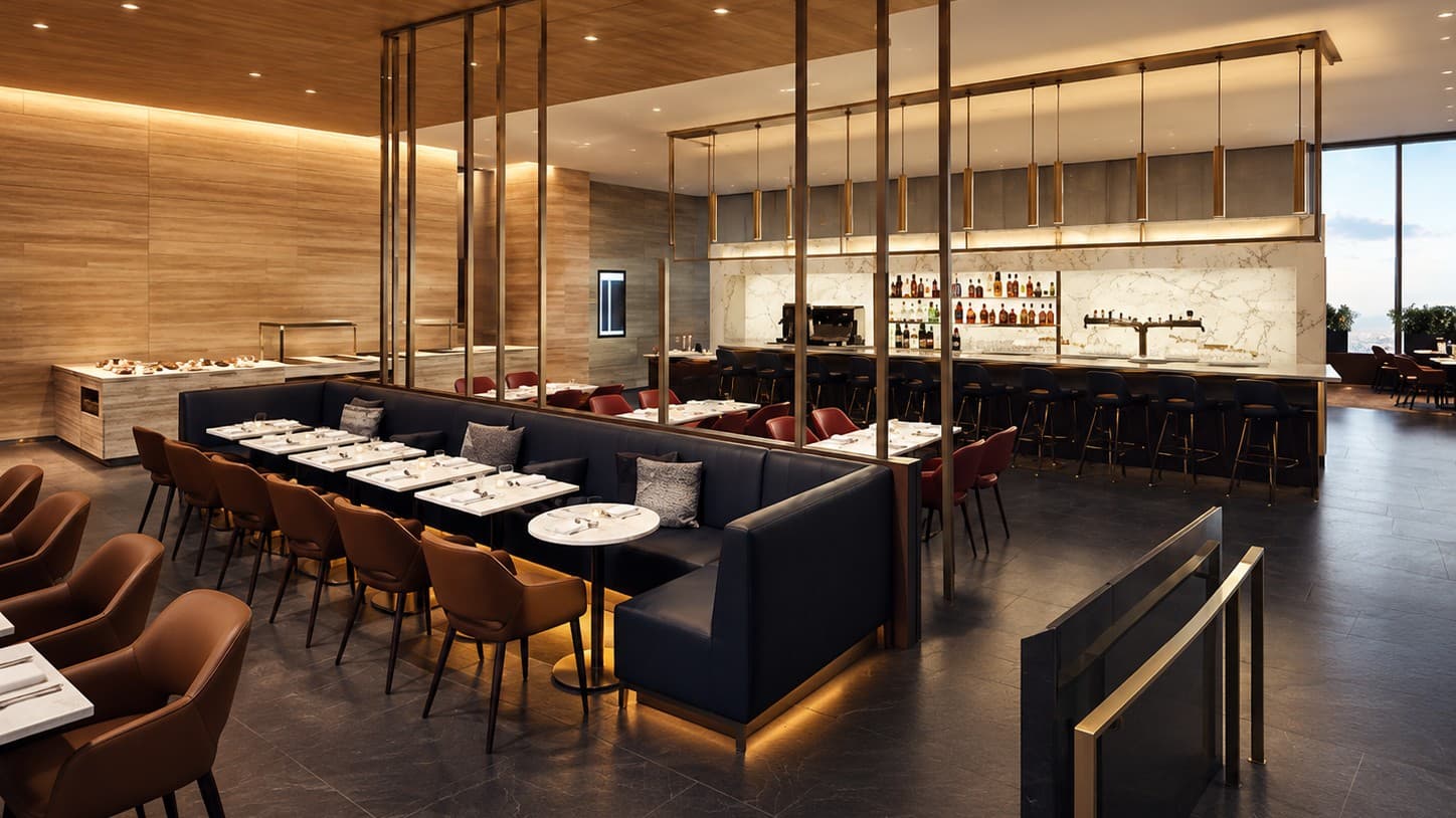 Illustration of an airport lounge dining room with a bar, banquette seating, and window views