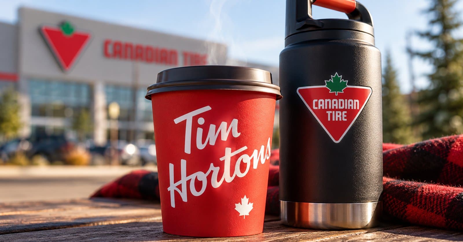 Tim Hortons coffee cup next to a Canadian Tire thermos on a picnic table outside a Canadian Tire store