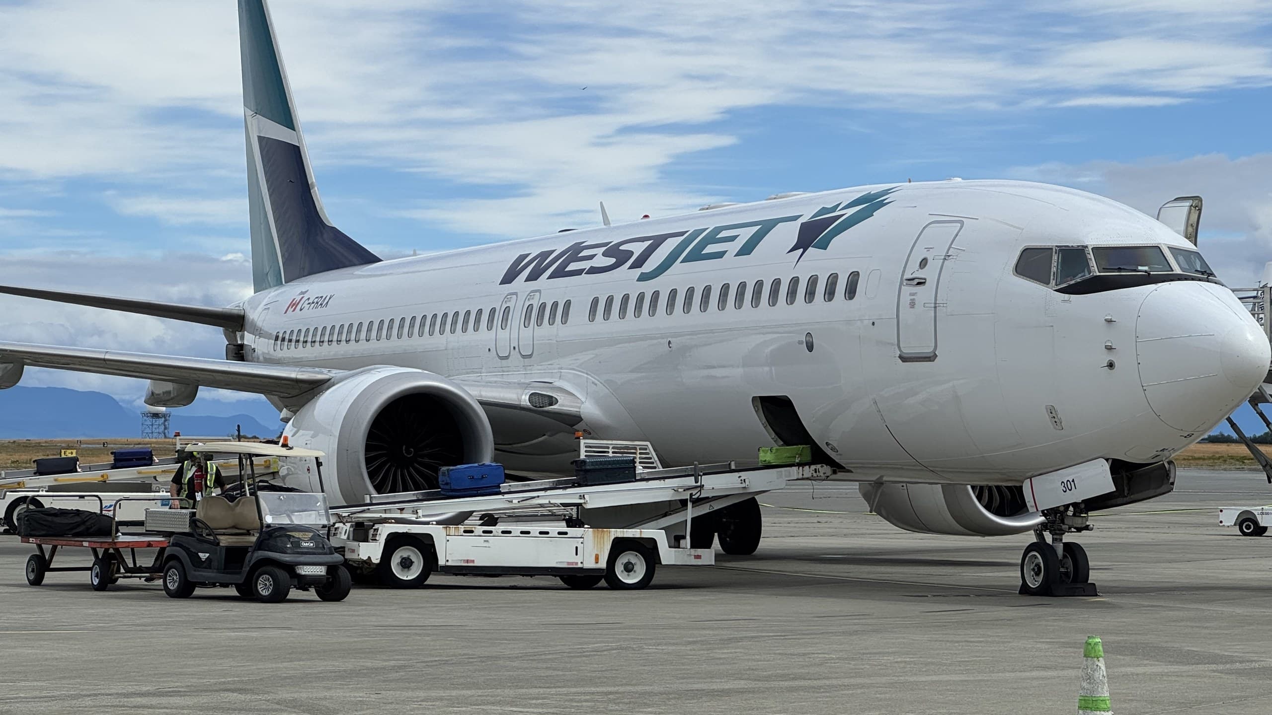 WestJet Boeing 737 on the apron with ground equipment