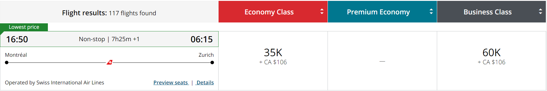 Screenshot of Aeroplan redemption between Montreal and Zurich