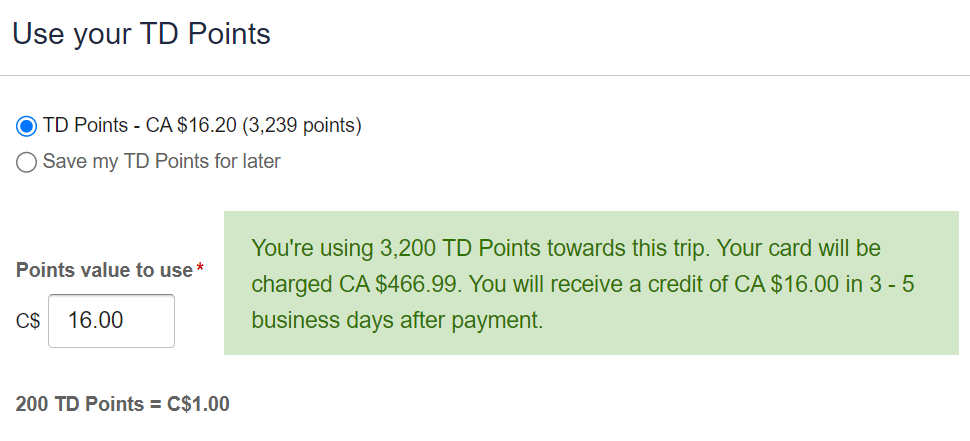 how many td travel points equal $1