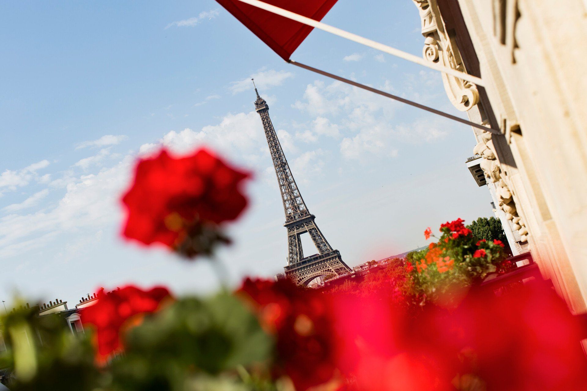 Hotel Plaza Athenee exterior with Eiffel Tower view, Paris